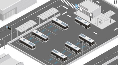 a bus station with many buses