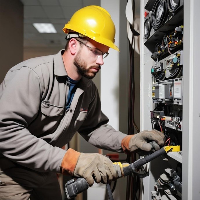 a man wearing a hard hat and gloves working on electrical equipment